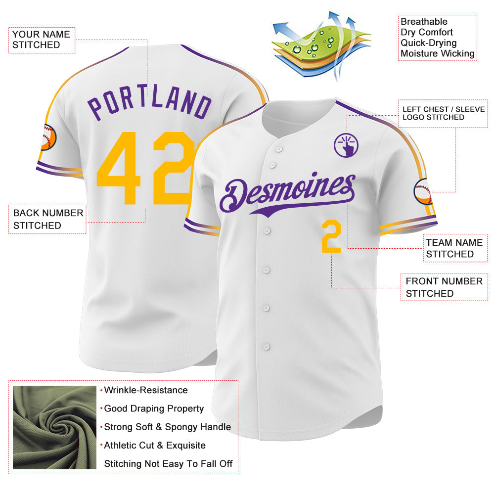 Custom White Gold-Purple Raglan Line Gradient Stripe Authentic Baseball Jersey