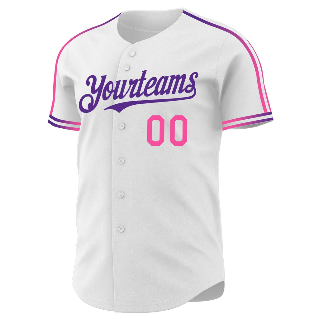 Custom White Pink-Purple Raglan Line Gradient Stripe Authentic Baseball Jersey