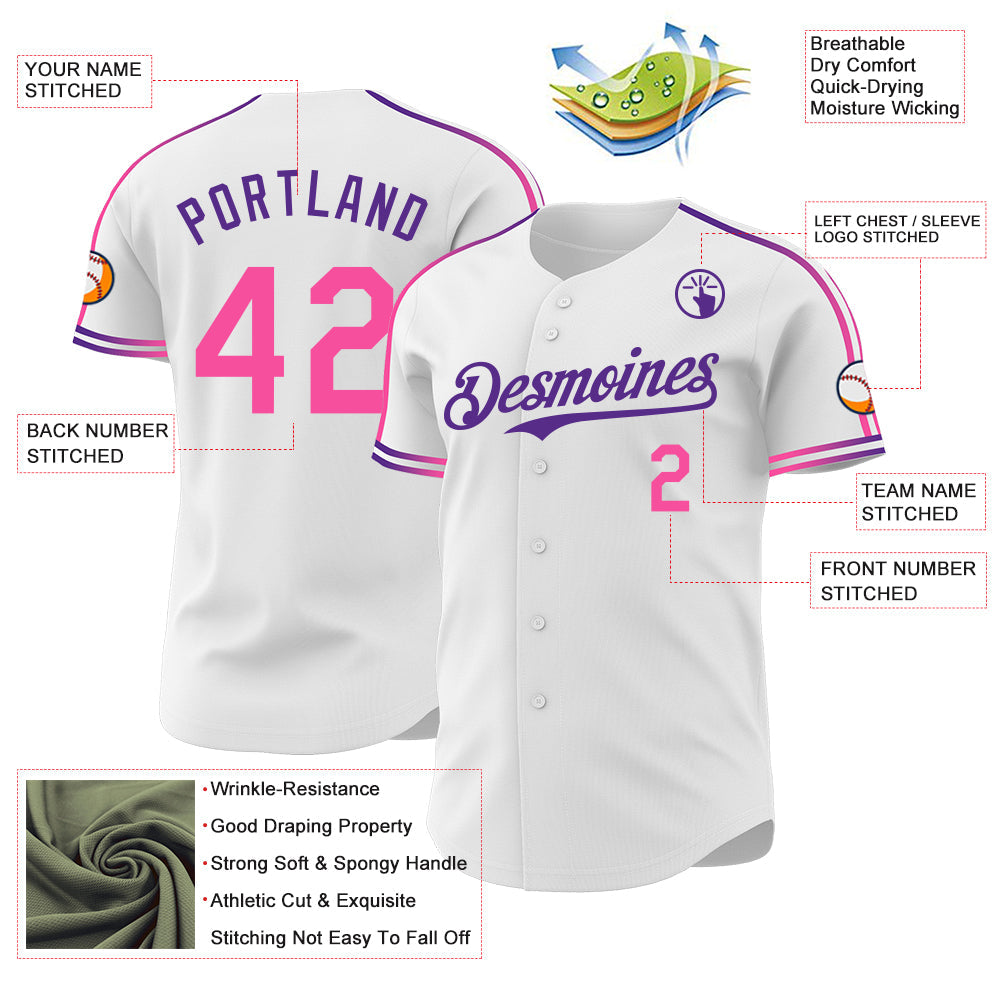 Custom White Pink-Purple Raglan Line Gradient Stripe Authentic Baseball Jersey