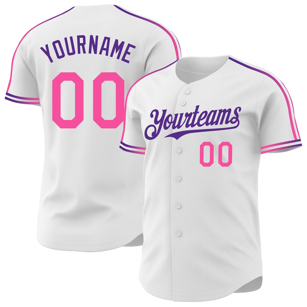 Custom White Pink-Purple Raglan Line Gradient Stripe Authentic Baseball Jersey