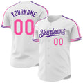Custom White Pink-Purple Raglan Line Gradient Stripe Authentic Baseball Jersey