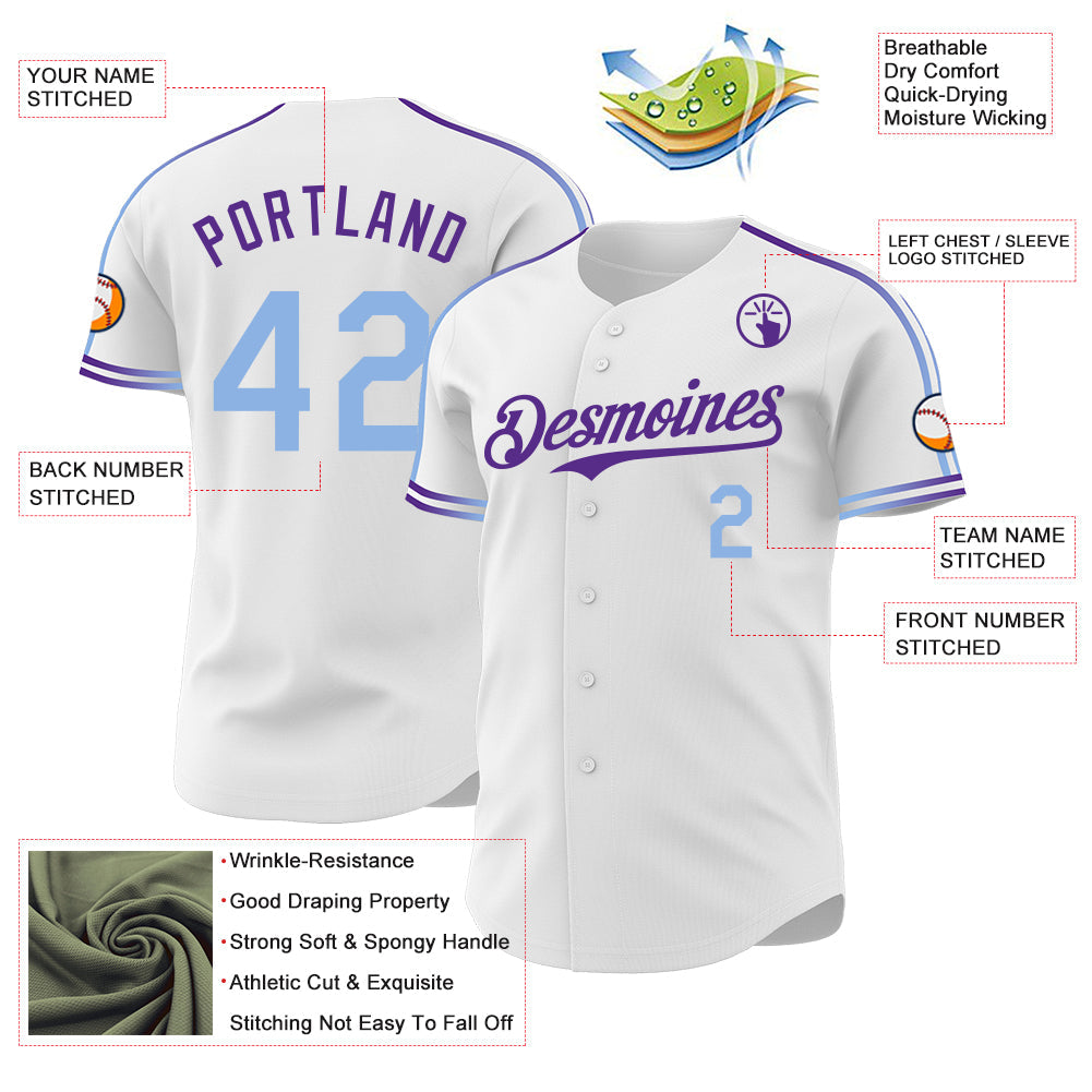 Custom White Light Blue-Purple Raglan Line Gradient Stripe Authentic Baseball Jersey