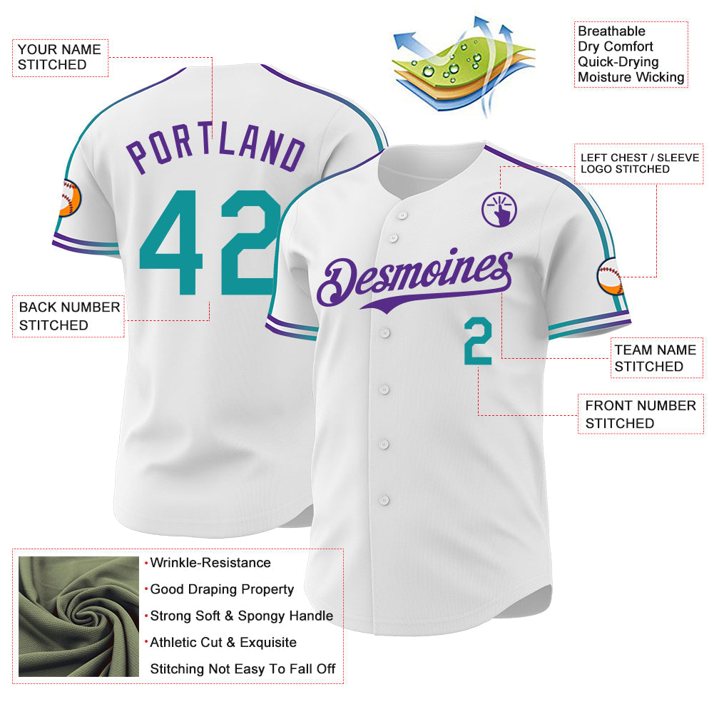 Custom White Teal-Purple Raglan Line Gradient Stripe Authentic Baseball Jersey