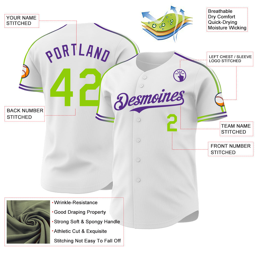 Custom White Neon Green-Purple Raglan Line Gradient Stripe Authentic Baseball Jersey
