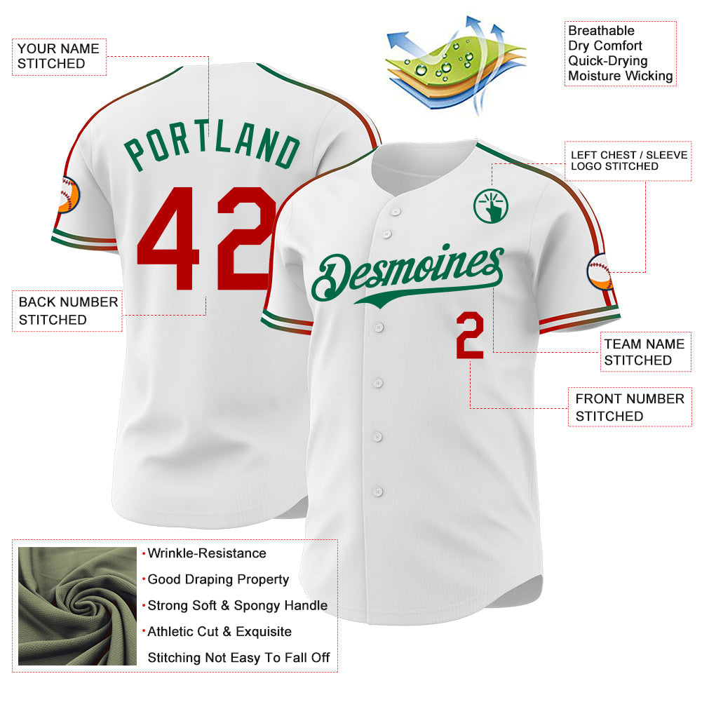 Custom White Red-Kelly Green Raglan Line Gradient Stripe Authentic Baseball Jersey