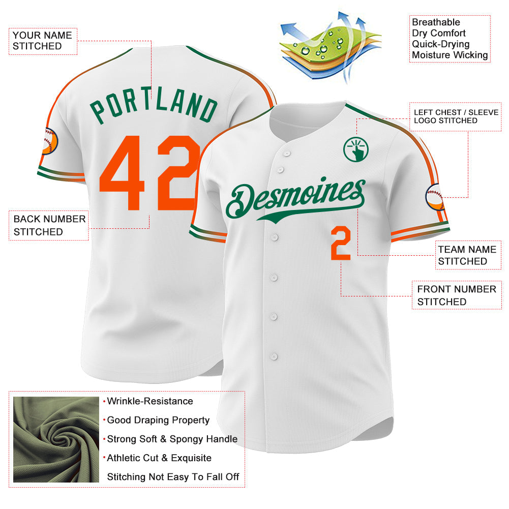 Custom White Orange-Kelly Green Raglan Line Gradient Stripe Authentic Baseball Jersey