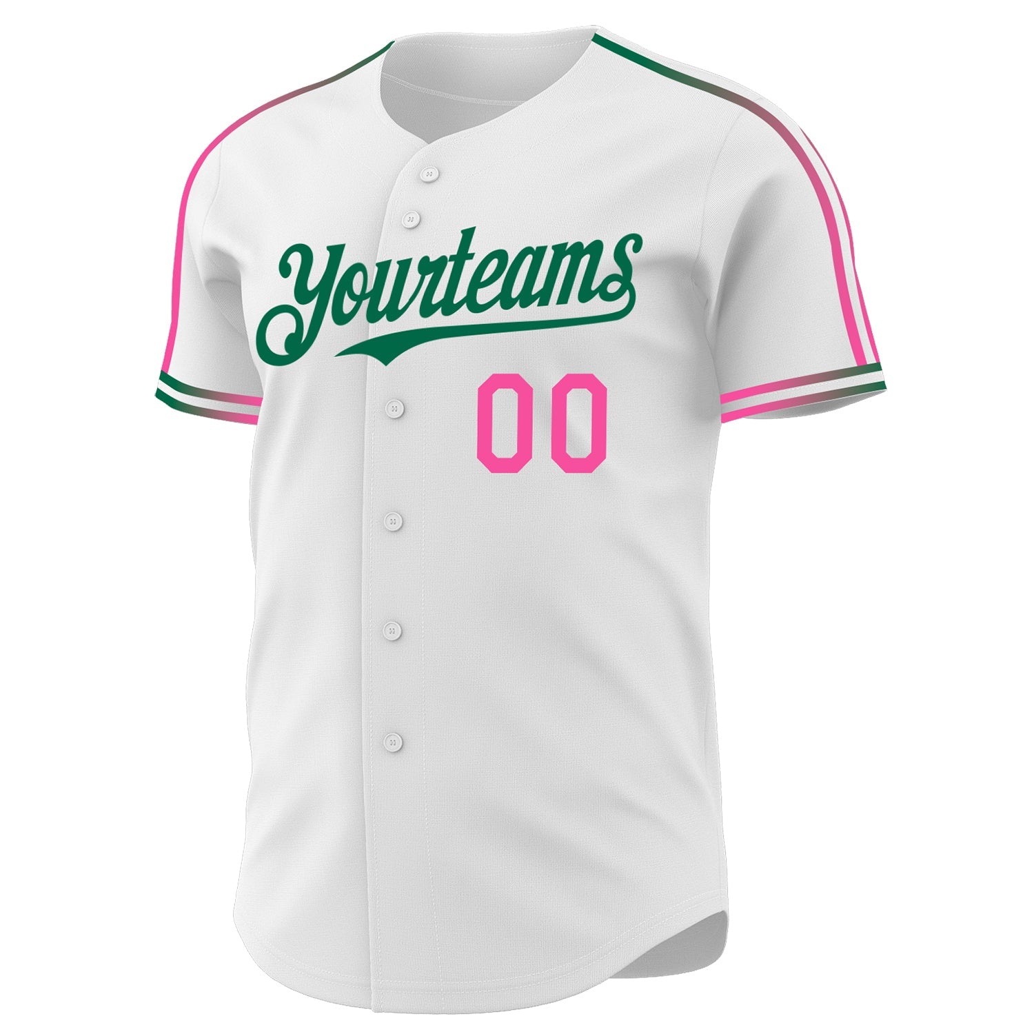 Custom White Pink-Kelly Green Raglan Line Gradient Stripe Authentic Baseball Jersey