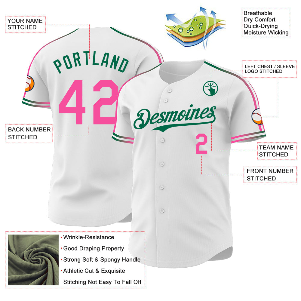 Custom White Pink-Kelly Green Raglan Line Gradient Stripe Authentic Baseball Jersey