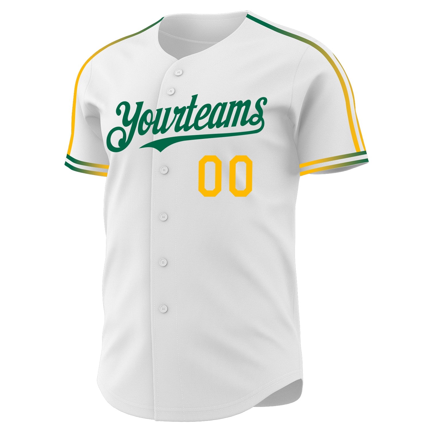 Custom White Gold-Kelly Green Raglan Line Gradient Stripe Authentic Baseball Jersey