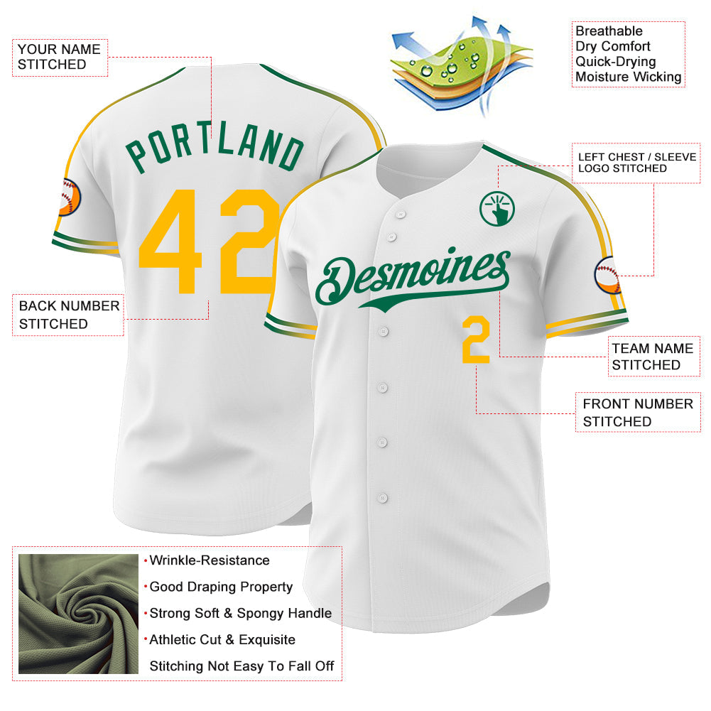 Custom White Gold-Kelly Green Raglan Line Gradient Stripe Authentic Baseball Jersey
