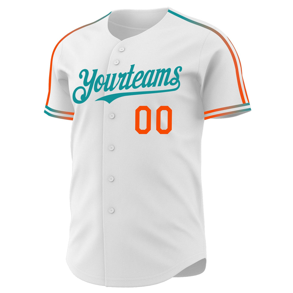 Custom White Orange-Teal Raglan Line Gradient Stripe Authentic Baseball Jersey