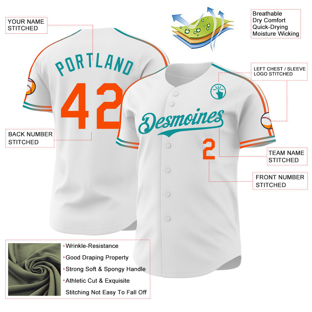 Custom White Orange-Teal Raglan Line Gradient Stripe Authentic Baseball Jersey