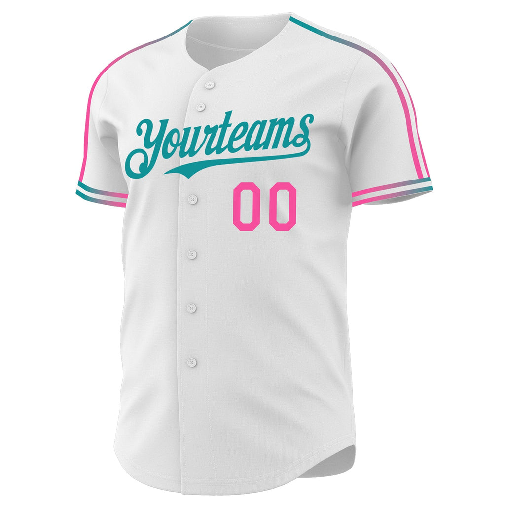 Custom White Pink-Teal Raglan Line Gradient Stripe Authentic Baseball Jersey