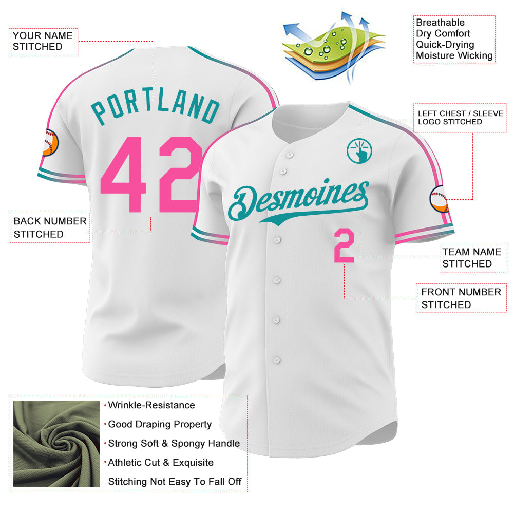 Custom White Pink-Teal Raglan Line Gradient Stripe Authentic Baseball Jersey
