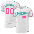 Custom White Pink-Teal Raglan Line Gradient Stripe Authentic Baseball Jersey