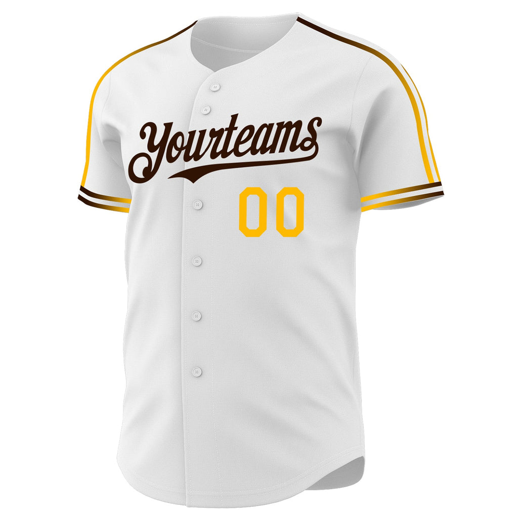 Custom White Gold-Brown Raglan Line Gradient Stripe Authentic Baseball Jersey