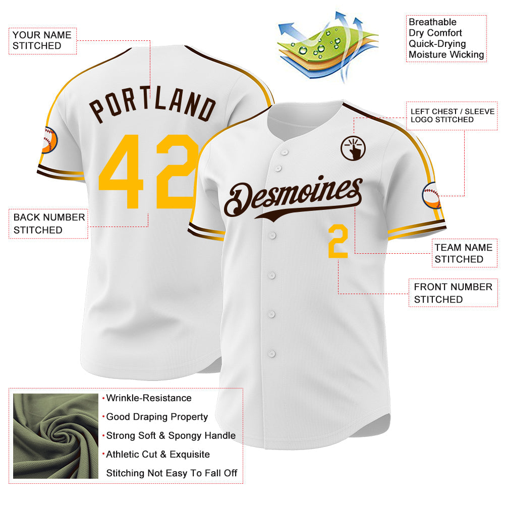 Custom White Gold-Brown Raglan Line Gradient Stripe Authentic Baseball Jersey