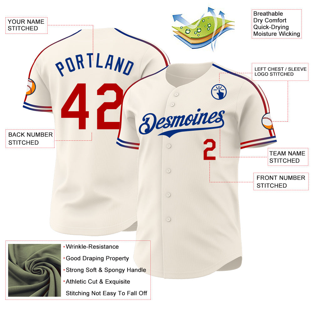 Custom Cream Red-Royal Raglan Line Gradient Stripe Authentic Baseball Jersey