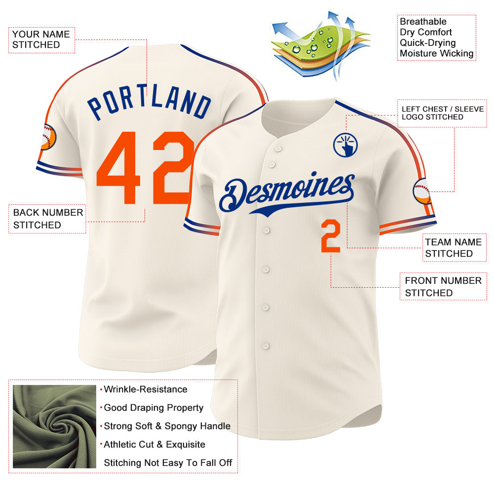 Custom Cream Orange-Royal Raglan Line Gradient Stripe Authentic Baseball Jersey