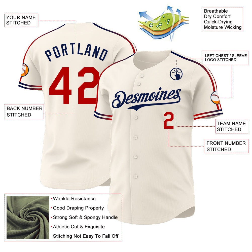 Custom Cream Red-Navy Raglan Line Gradient Stripe Authentic Baseball Jersey