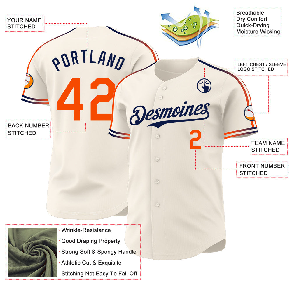 Custom Cream Orange-Navy Raglan Line Gradient Stripe Authentic Baseball Jersey