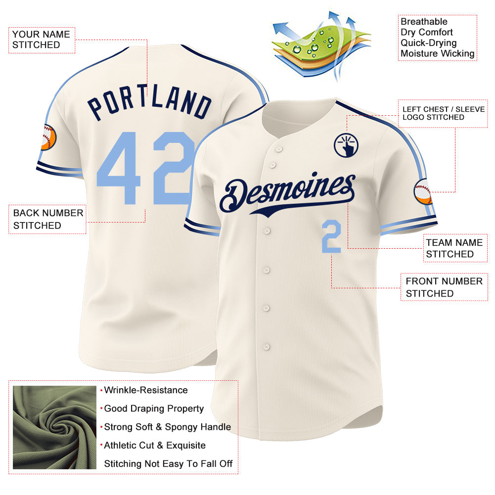 Custom Cream Light Blue-Navy Raglan Line Gradient Stripe Authentic Baseball Jersey