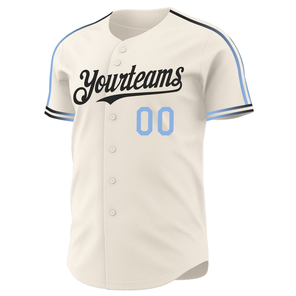 Custom Cream Light Blue-Black Raglan Line Gradient Stripe Authentic Baseball Jersey