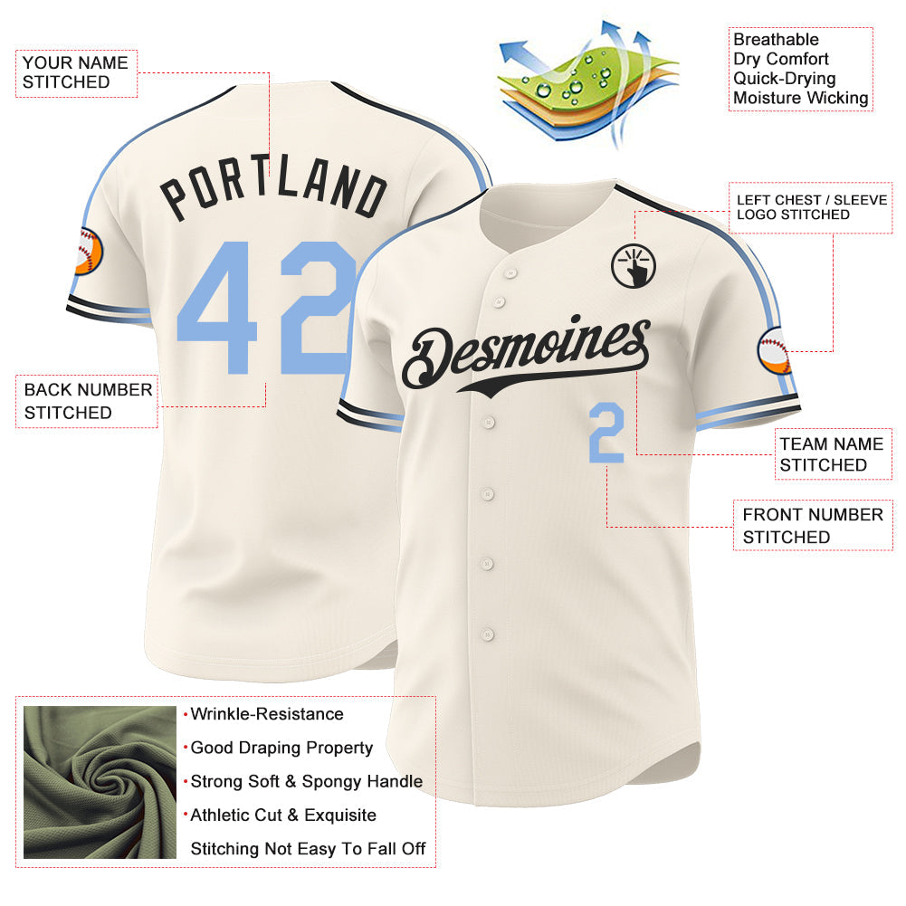 Custom Cream Light Blue-Black Raglan Line Gradient Stripe Authentic Baseball Jersey