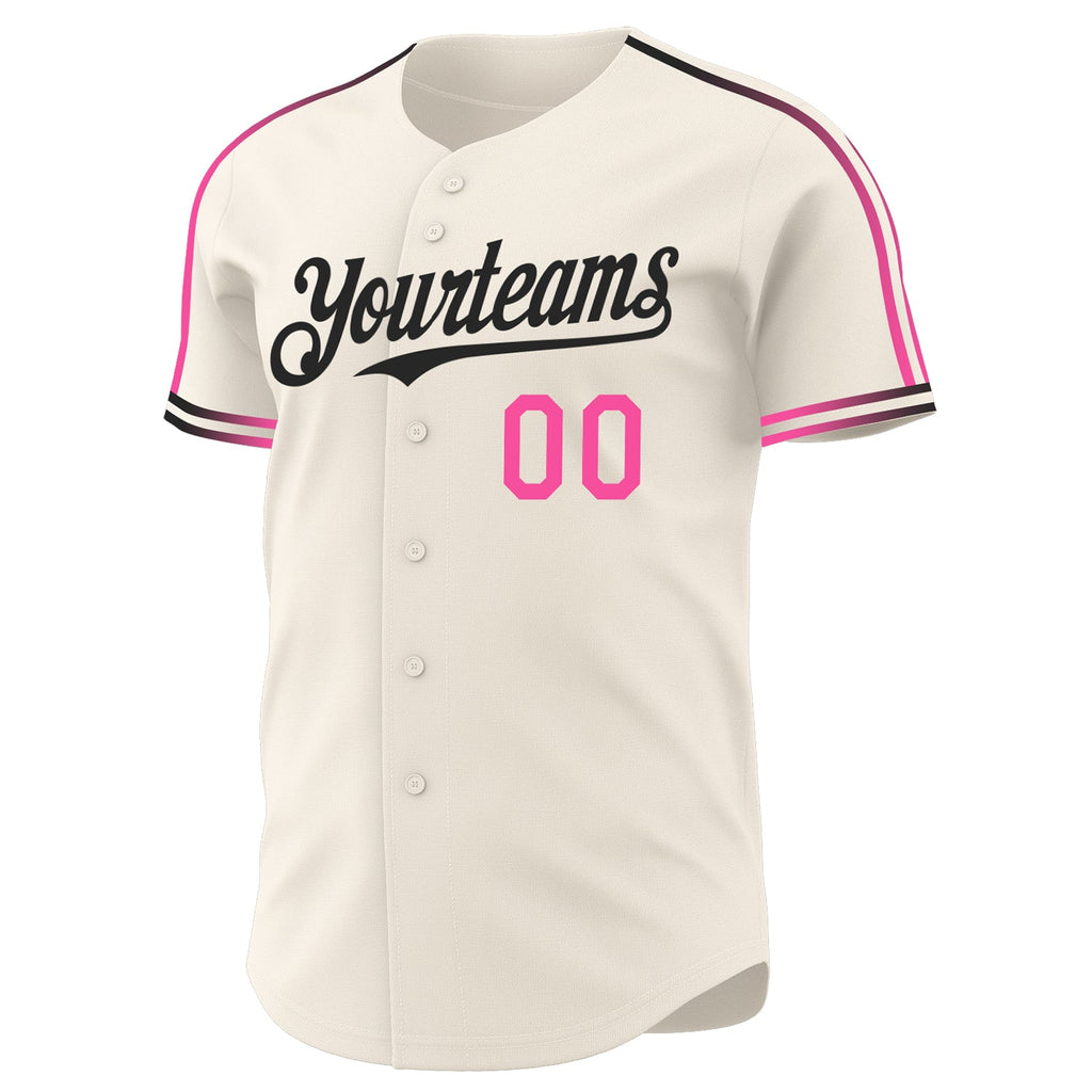 Custom Cream Pink-Black Raglan Line Gradient Stripe Authentic Baseball Jersey