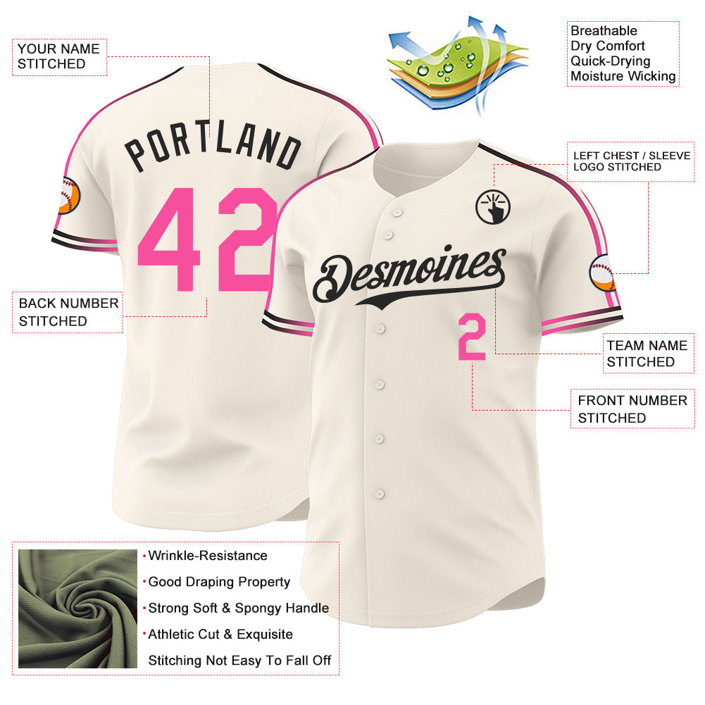 Custom Cream Pink-Black Raglan Line Gradient Stripe Authentic Baseball Jersey