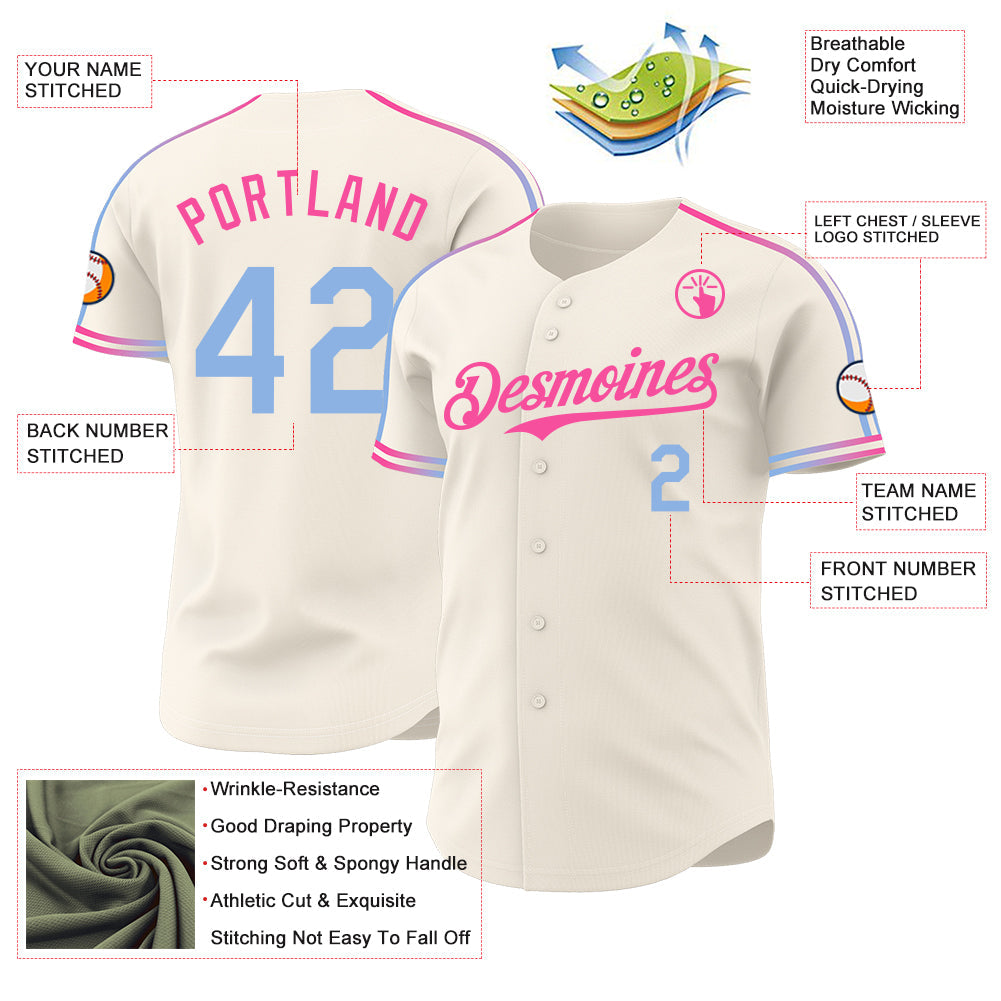 Custom Cream Light Blue-Pink Raglan Line Gradient Stripe Authentic Baseball Jersey