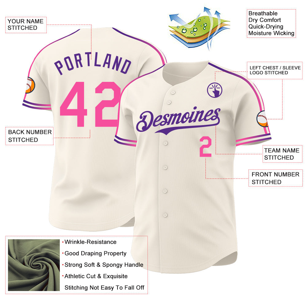 Custom Cream Pink-Purple Raglan Line Gradient Stripe Authentic Baseball Jersey