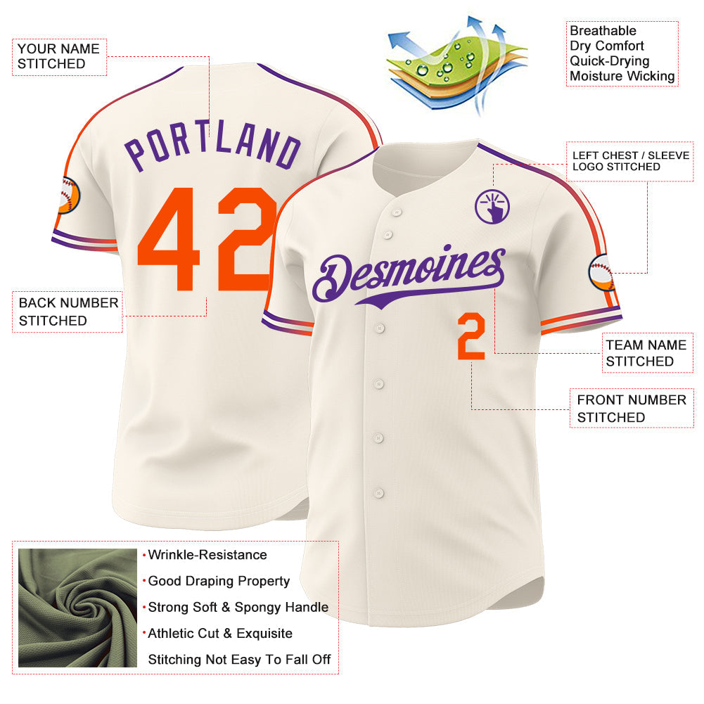 Custom Cream Orange-Purple Raglan Line Gradient Stripe Authentic Baseball Jersey