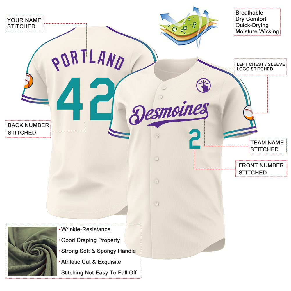 Custom Cream Teal-Purple Raglan Line Gradient Stripe Authentic Baseball Jersey