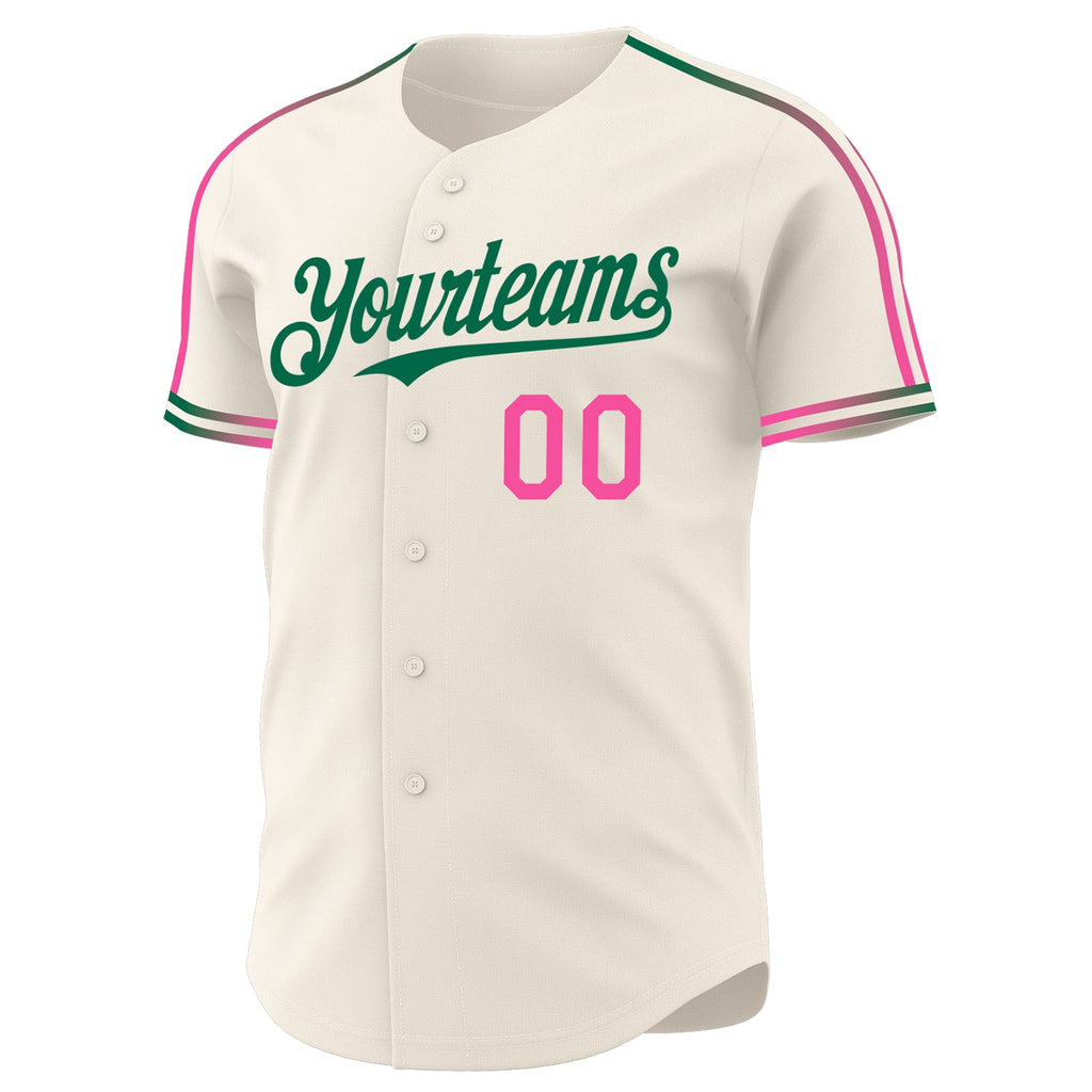 Custom Cream Pink-Kelly Green Raglan Line Gradient Stripe Authentic Baseball Jersey