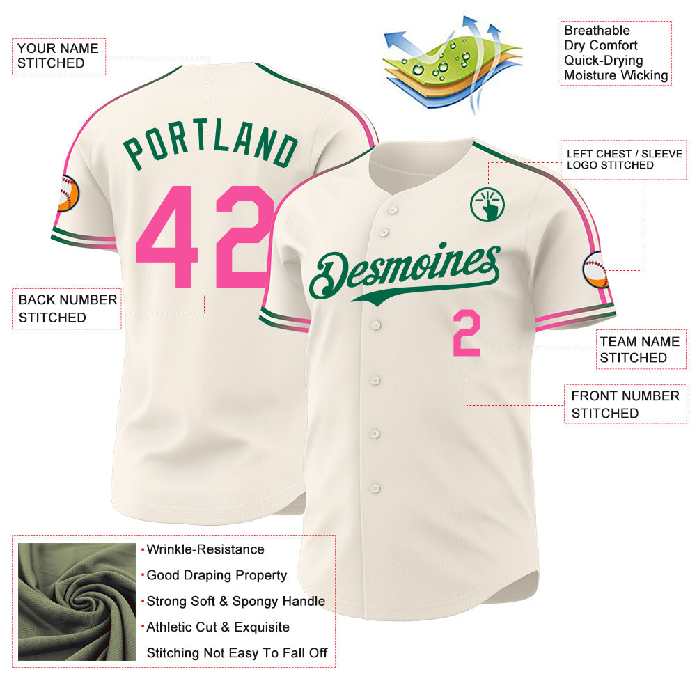 Custom Cream Pink-Kelly Green Raglan Line Gradient Stripe Authentic Baseball Jersey