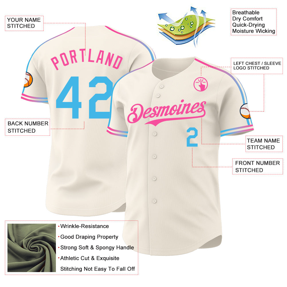 Custom Cream Sky Blue-Pink Raglan Line Gradient Stripe Authentic Baseball Jersey