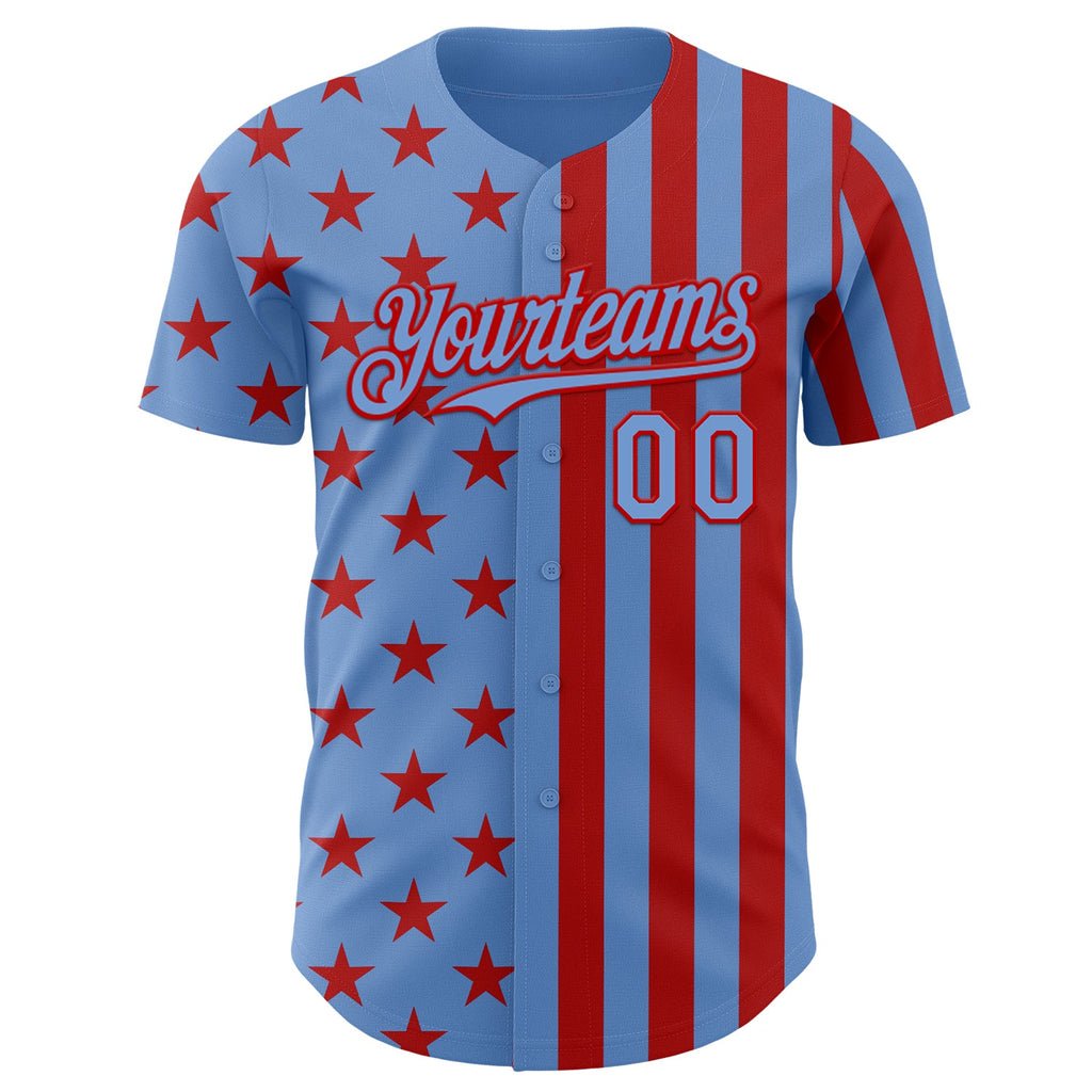 Custom Powder Blue-Red USA Flag Patriotic Split Stars and Stripes Authentic Baseball Jersey