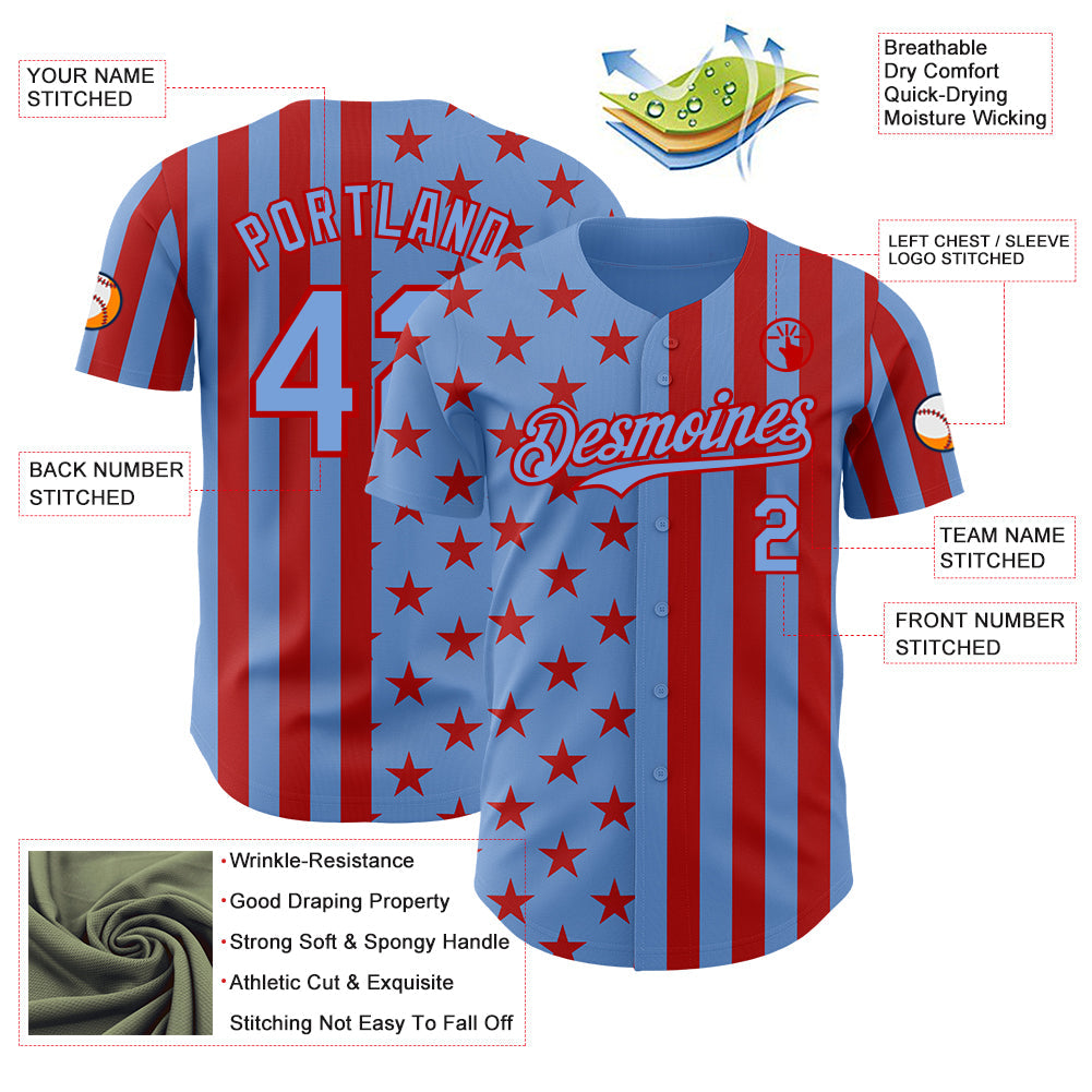 Custom Powder Blue-Red USA Flag Patriotic Split Stars and Stripes Authentic Baseball Jersey