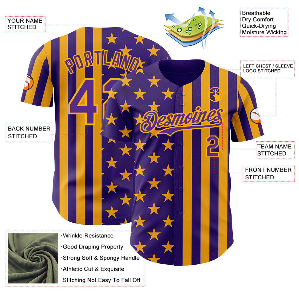 Custom Purple-Gold USA Flag Patriotic Split Stars and Stripes Authentic Baseball Jersey