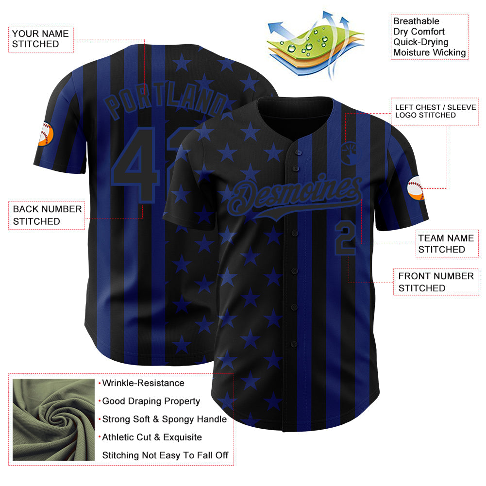 Custom Black-Royal USA Flag Patriotic Split Stars and Stripes Authentic Baseball Jersey