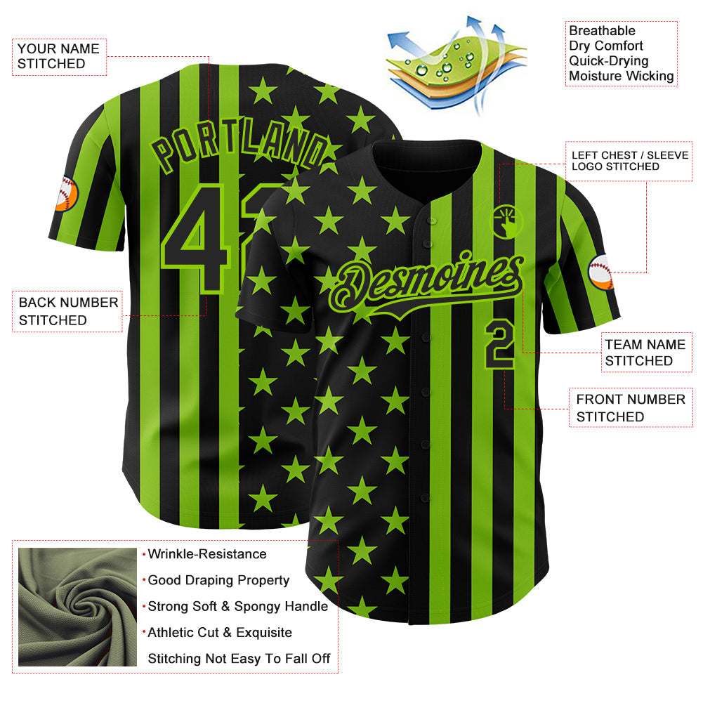 Custom Black-Neon Green USA Flag Patriotic Split Stars and Stripes Authentic Baseball Jersey