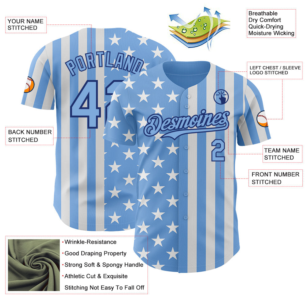 Custom Light Blue White-Royal USA Flag Patriotic Split Stars and Stripes Authentic Baseball Jersey