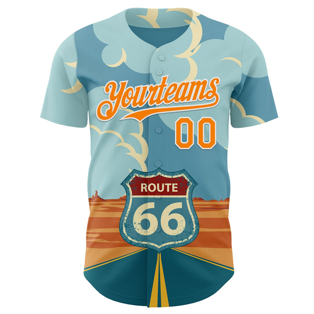 Custom Blue Bay Orange-White Route 66 Desert Americana Road Trip Authentic Baseball Jersey