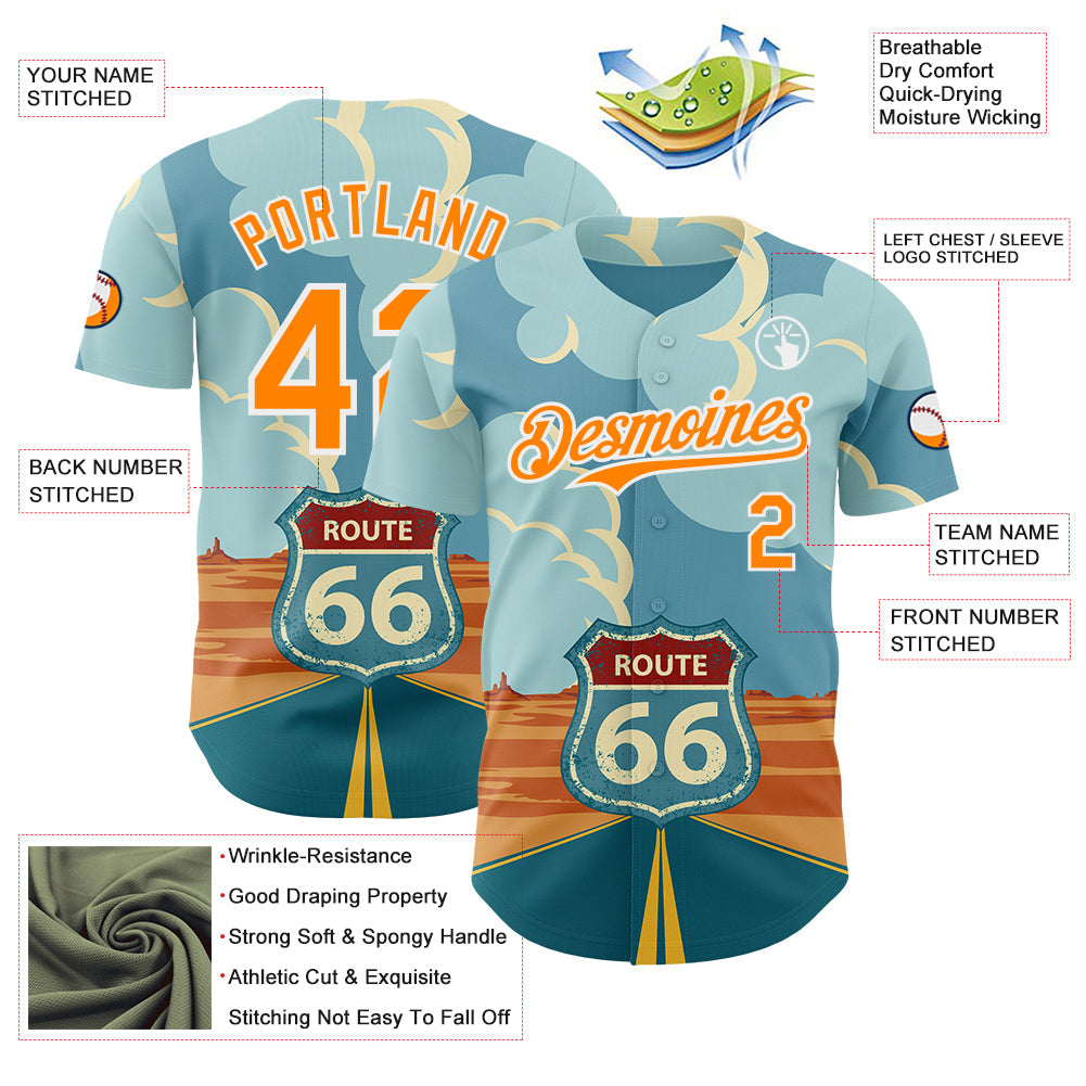 Custom Blue Bay Orange-White Route 66 Desert Americana Road Trip Authentic Baseball Jersey