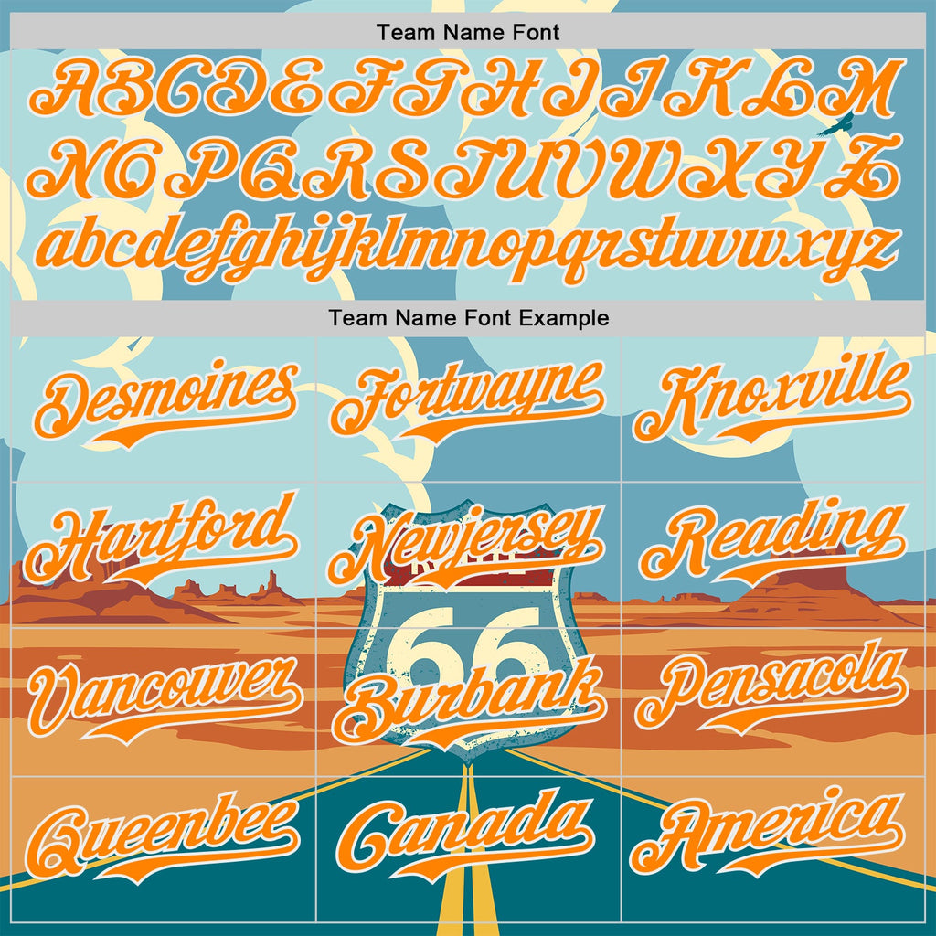 Custom Blue Bay Orange-White Route 66 Desert Americana Road Trip Authentic Baseball Jersey