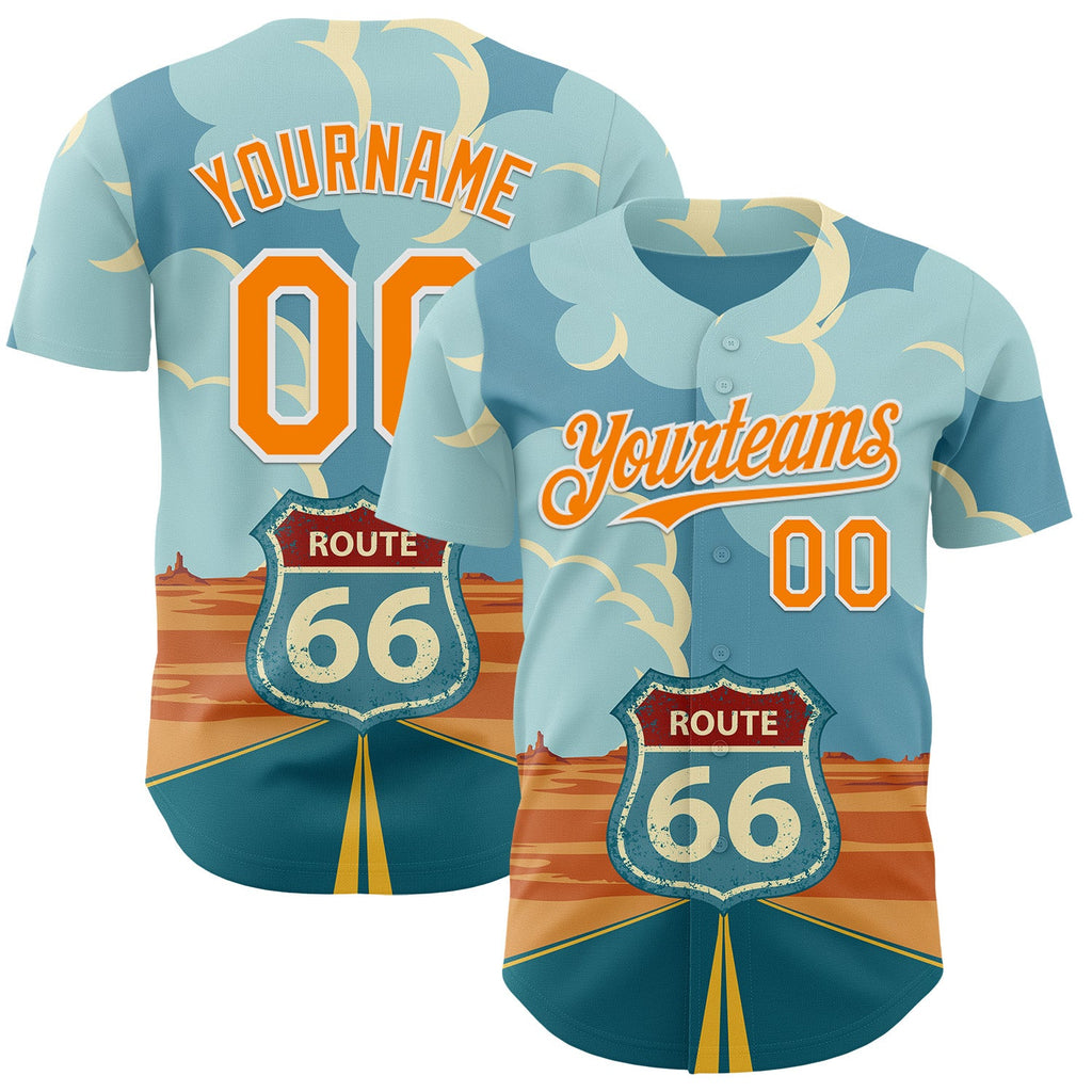 Custom Blue Bay Orange-White Route 66 Desert Americana Road Trip Authentic Baseball Jersey