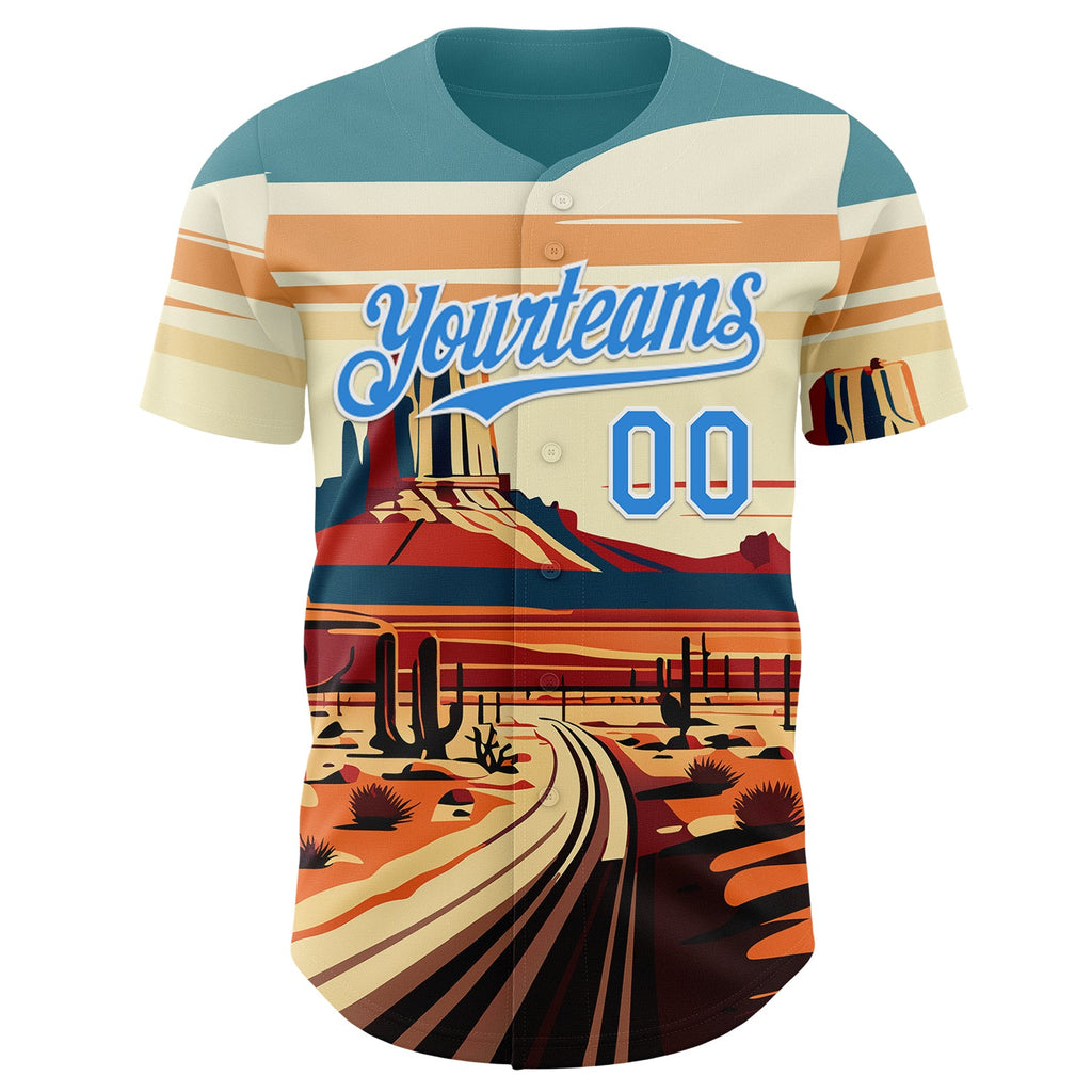 Custom Blue Electric Blue-White Route 66 Desert Americana Road Trip Authentic Baseball Jersey