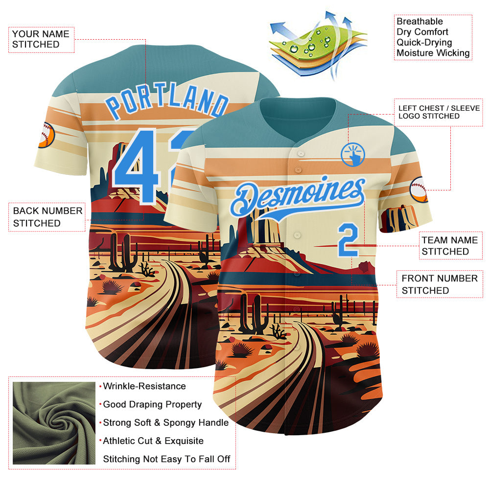 Custom Blue Electric Blue-White Route 66 Desert Americana Road Trip Authentic Baseball Jersey