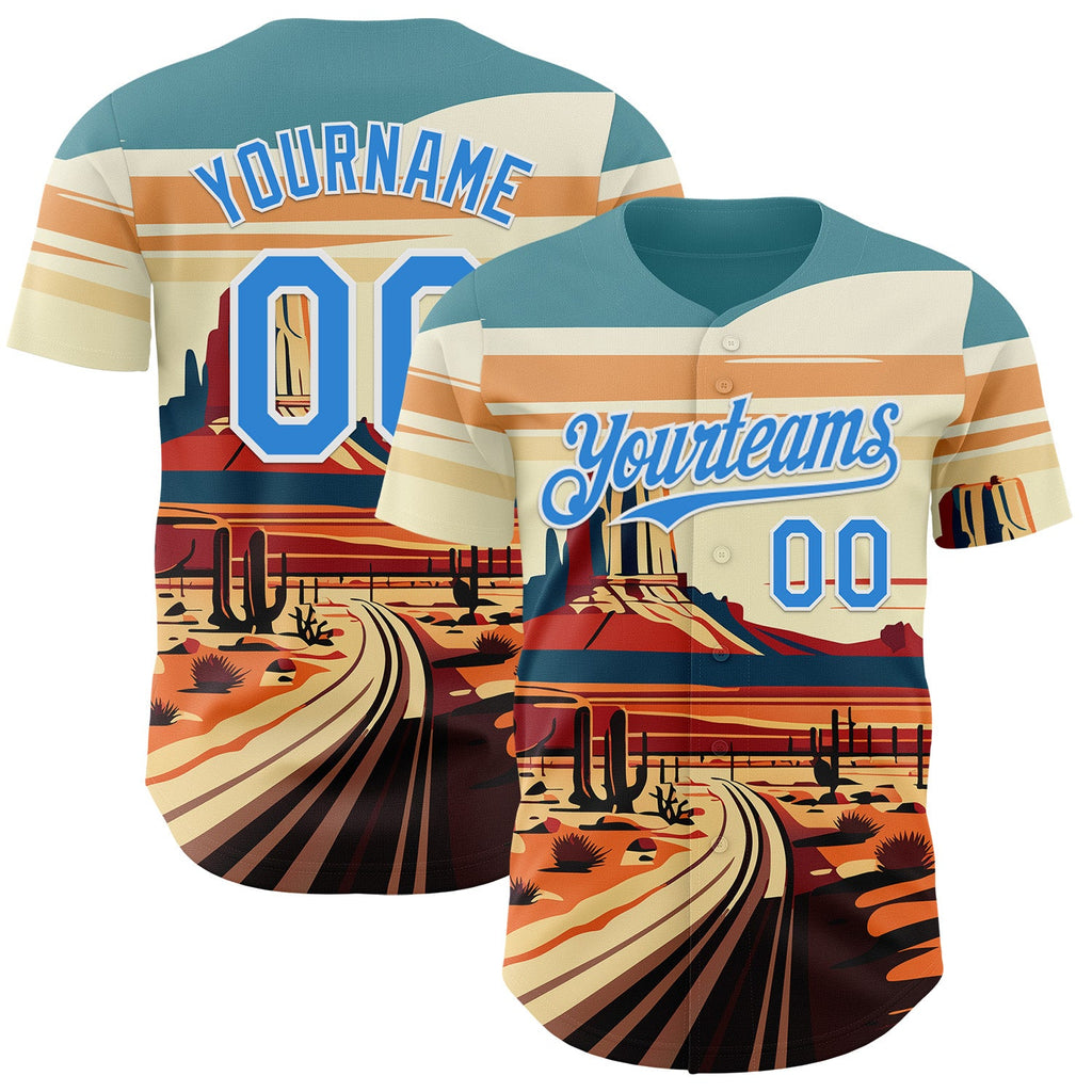 Custom Blue Electric Blue-White Route 66 Desert Americana Road Trip Authentic Baseball Jersey